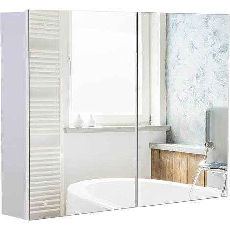 Armoire miroir de salle de bain 2 portes et étagères MDF blanc
