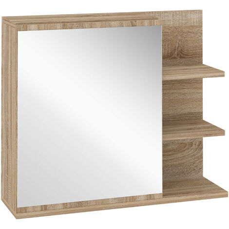 Armoire miroir de salle de bain avec étagère - 3 étagères latérales - kit installation murale fourni - panneaux particules aspect chêne clair - Beige