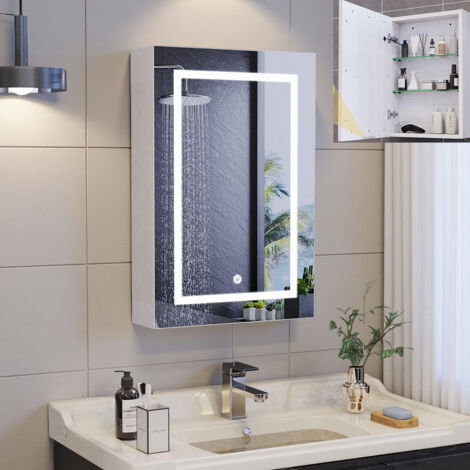 Armoire Miroir de Salle de Bain, Éclairage LED, 50x70x13cm, Porte Simple, Prise, Couleur Réglable, MDF, Verre HD, Blanc