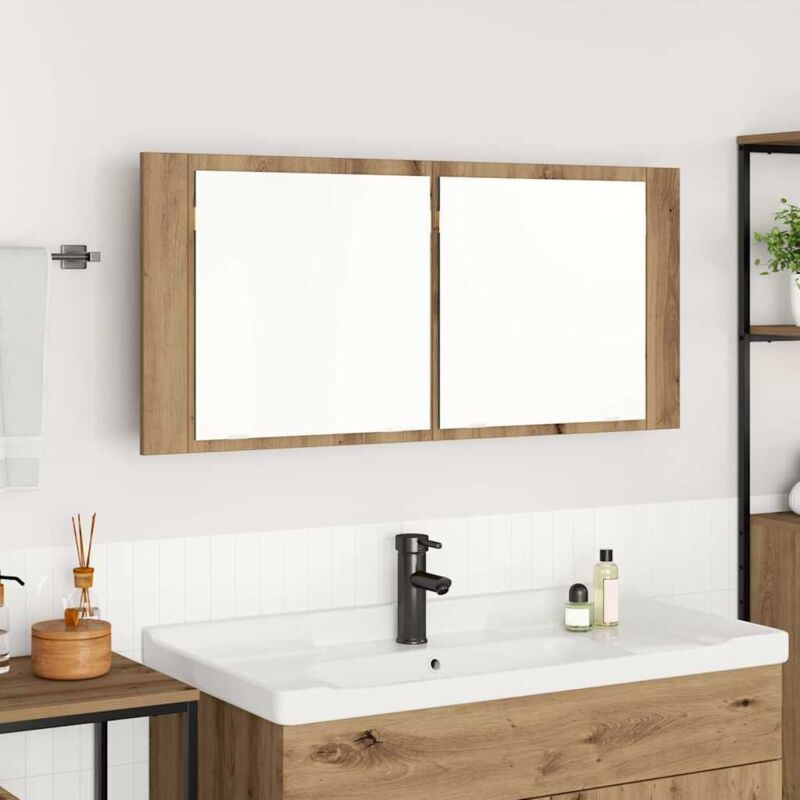 Cabinet Miroir LED avec porte chêne artisanal 100 x 12 x 45 cm