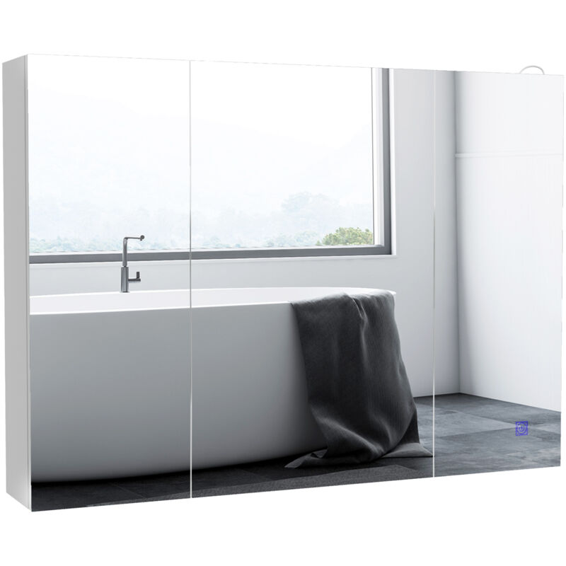 Kleankin - Armoire miroir led de salle de bain - 3 portes, 3 étagères - tactile, lumière réglable - mdf blanc laqué verre
