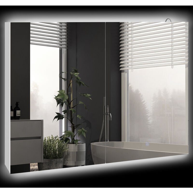 Armoire miroir led de salle de bain - 2 portes, 2 étagères - tactile, lumière réglable - mdf blanc laqué verre