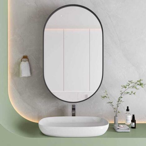 Armoire Miroir Ovale avec Cadre Métallique, Étagères Ajustables, Installation Murale ou Encastrée, Finition Noir pour Salle de Bain