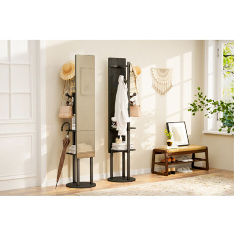 Armoire-miroir pleine longueur noir en panneau de bois, rangement et portant pivotant 360°, multifonction pratique pour chambre à coucher