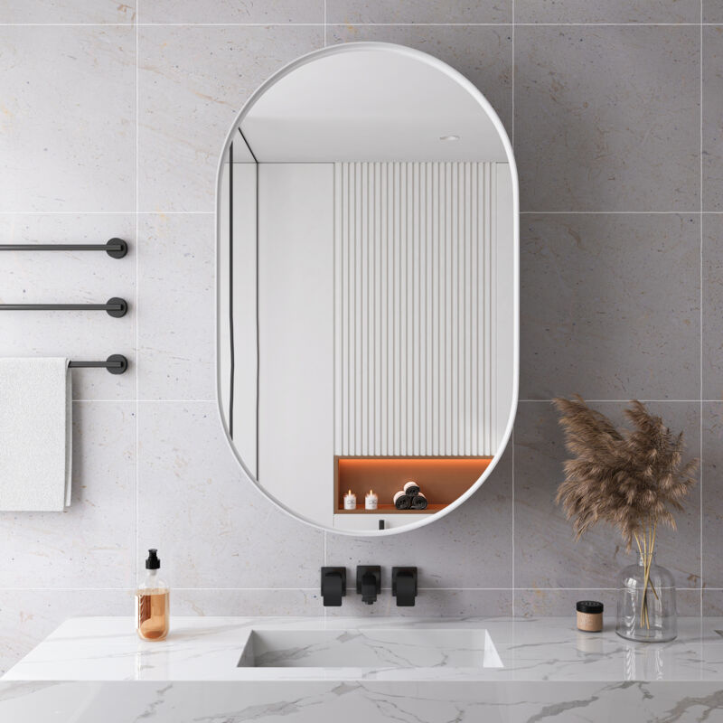 Armoire Miroir Ovale avec Cadre Métal et Pharmacie, Étagères Réglables, Multifonction SdB Salon Chambre, Blanc