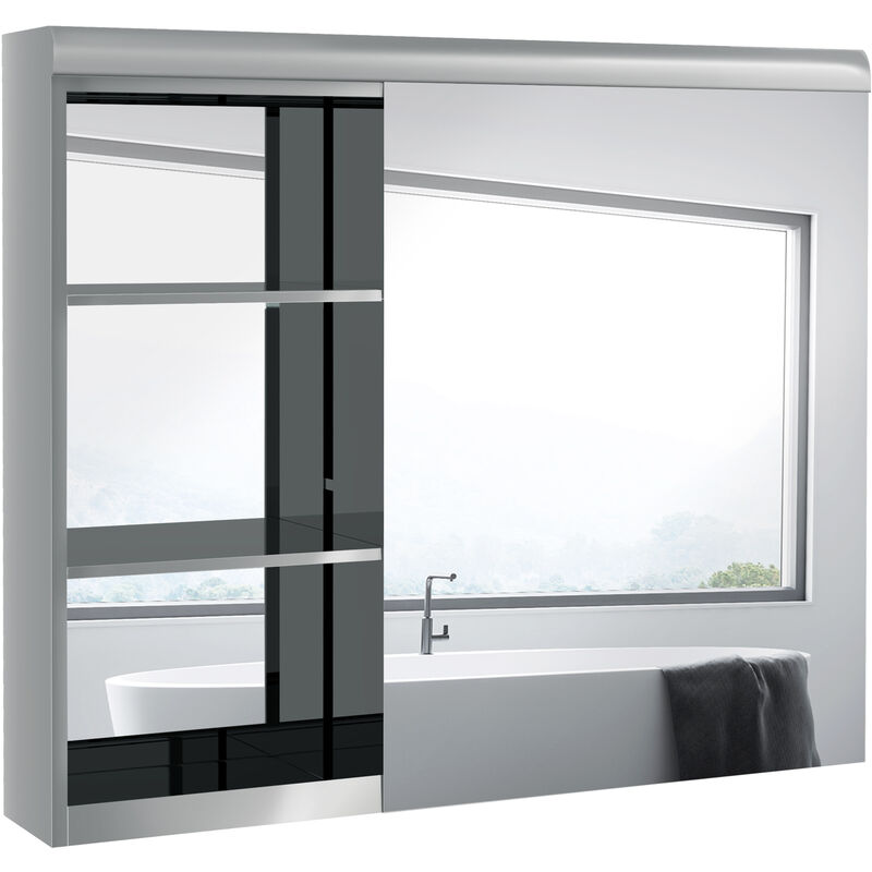homcom - armoire miroir salle de bain - meuble mural 2 étagères - dim. 70l x 13l x 60h cm - acier inox. verre - gris