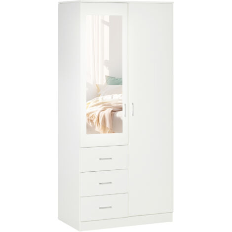 Armoire moderne à 2 portes, miroir, 3 tiroirs, étagères réglables et penderie, 80 x 50 x 180 cm, blanche