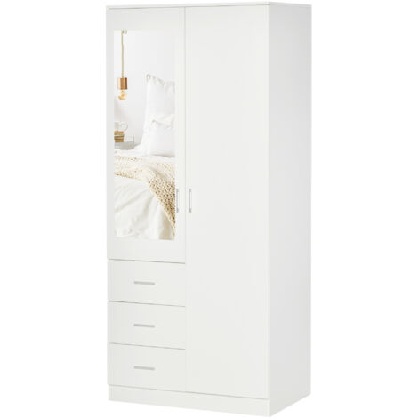 Armoire moderne à 2 portes, miroir, 3 tiroirs, étagères réglables et penderie, 80 x 50 x 180 cm, blanche