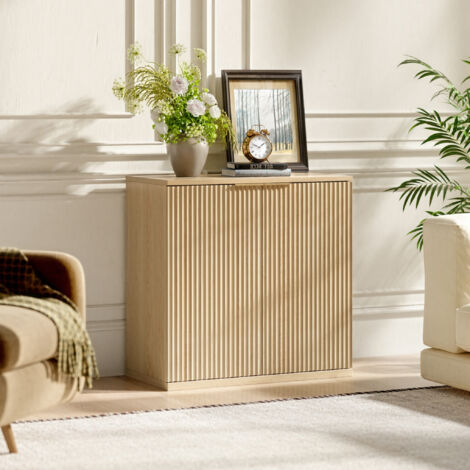 Armoire moderne à rangement, avec façade ondulée et poignées en métal, multifonctionnelle idéale pour séjours et chambres, couleur naturelle décor bois de chêne, dimensions 60x30x70 cm