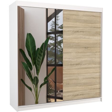 Armoire moderne blanche avec 2 portes coulissantes 1 naturel 1 miroir Davia 200cm