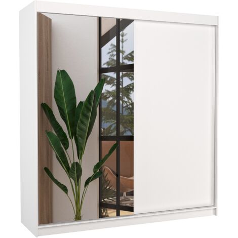 Armoire moderne chambre adulte 2 portes coulissantes 1 blanche 1 miroir Davia 200cm