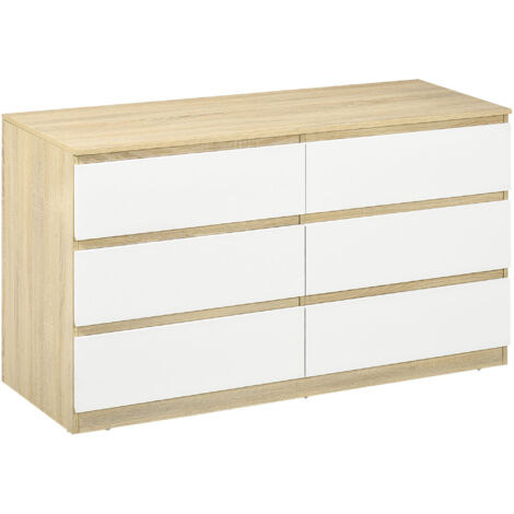Armoire moderne en bois à 6 tiroirs, commode de chambre 135x48x77cm, blanc et bois
