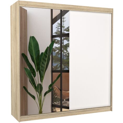 Armoire moderne naturel avec 2 portes coulissantes 1 blanche 1 miroir Davia 200cm