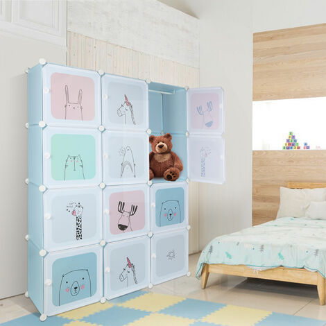Armoire modulable, 12 Cubes, Armoire en plastique, Economiser de l'espace Armoire pour enfants, Avec 2 crochets, 105x35x140cm, Bleu