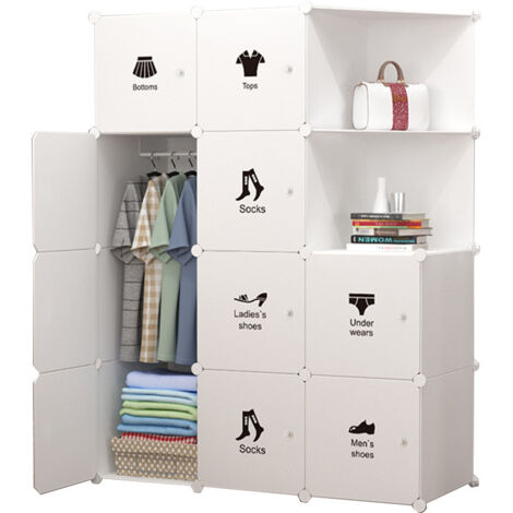 Armoire modulable, Placard de rangement portable, Organisateur vêtements enfant, avec 12 Cubes, 1 Rails Suspendus, 111 x 47 x 147 cm, Blanc