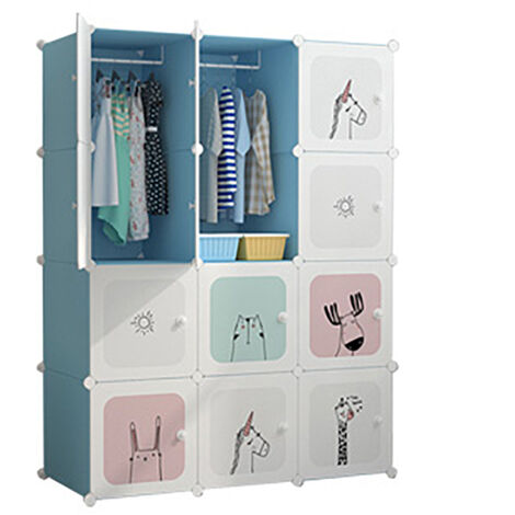 Armoire modulaire 12 compartiments blue 110x47x147CM,Armoire Modulable avec Portes, Étagère en Plastique, pour Jouets, Vêtements, Chaussures, Sacs d'École