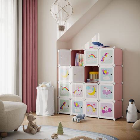 Armoire Modulaire à 16 Compartiments avec Portes, Meuble à Jouets en Plastique, Meuble à Chaussures, 123 x 31 x 123 cm, Rose