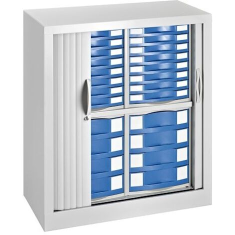 Armoire monobloc à rideaux H 100 cm gris clair - 24 tiroirs bleus
