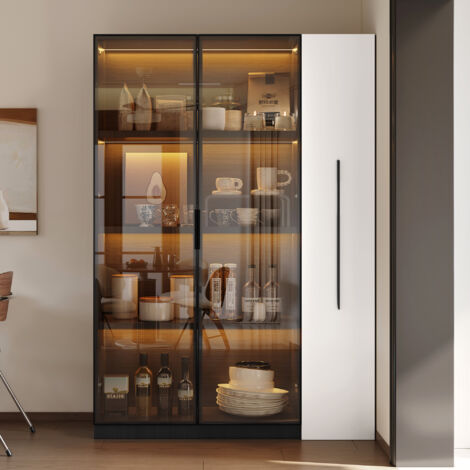 Armoire multifonction 110,5×35×160cm vitrine LED porte vitrée,rouleau latéral design blanc noir pour salon et salle de bain.