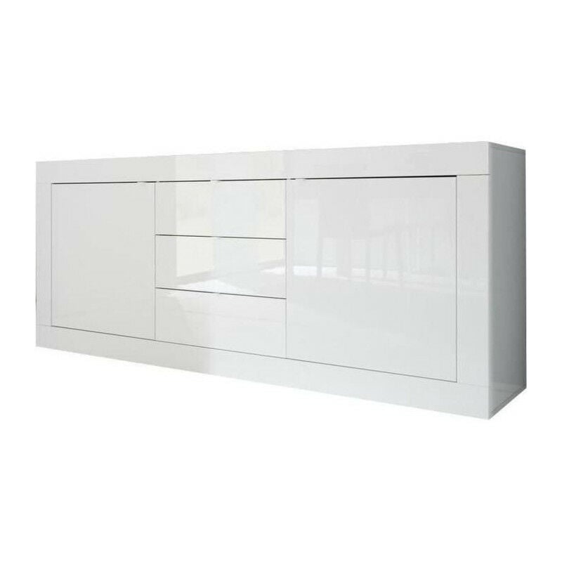 Homemania - Buffet basico 2 Portes 3 Tiroirs Blanc Laque brillant - L210xP42xH85,8 cm