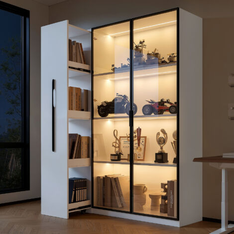 Armoire multifonctionnelle de 110,5×35×160 cm. Vitrine avec porte en verre et éclairage LED. Possibilité d’ouvrir les côtés de l’armoire. Armoire haute au style français. Meuble pour ranger des livres