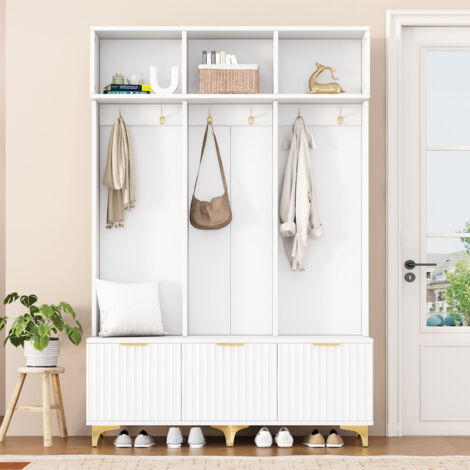 Armoire multifonctionnelle en bois de 192 cm de haut avec banc à chaussures, tiroirs, patères, design moderne avec charnières hydrauliques et espace de rangement pratique