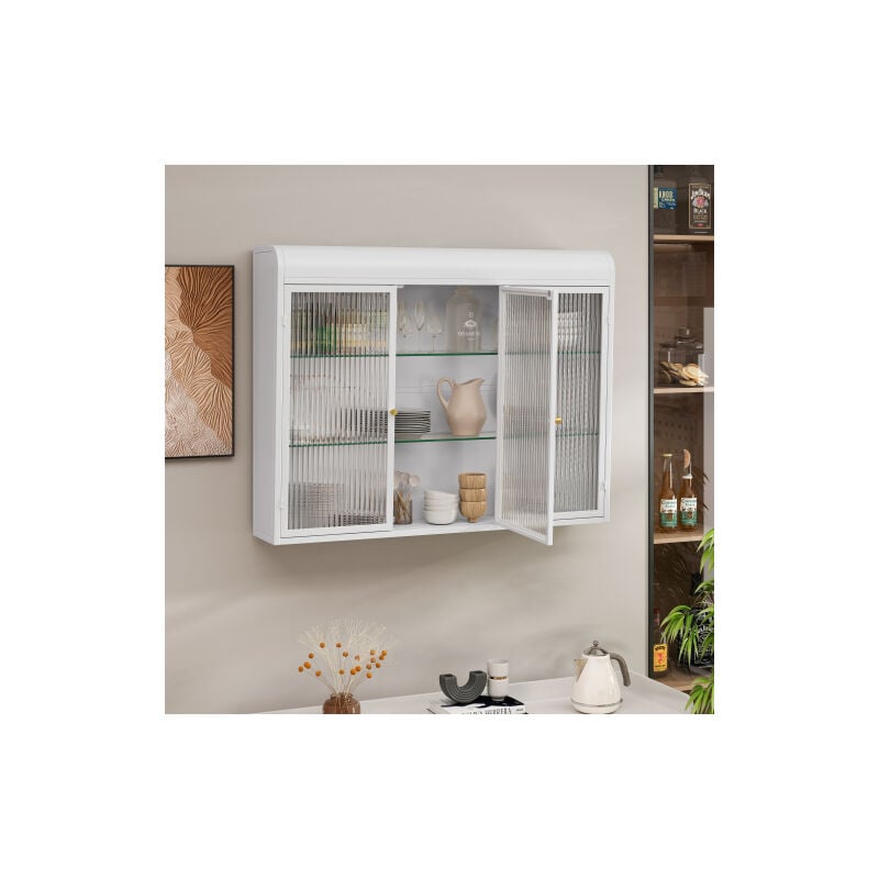 Wishdor - Armoire murale 3 portes vitrées, dessus bombé, cadre en métal, pour cuisine, salon, salle de bain, blanc