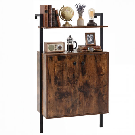 Armoire Murale 4 Niveaux avec 2 Portes, 2 Étagères Ouvertes, Cadre Métal, Loquet Magnétique et Boutons Ronds, pour Salon, Chambre, Marron