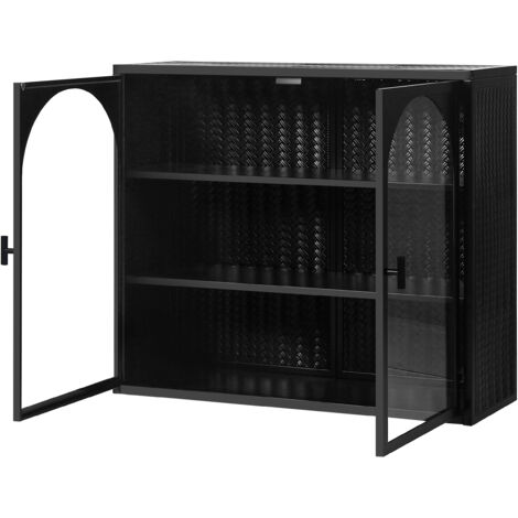Armoire Murale 70x23 Cm En Métal Et Verre Trempé Noir, Motif Tressé, 2 Portes, 3 Étagères