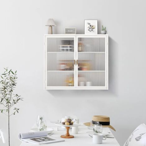 Armoire murale à deux portes en verre blanc 70 cm avec trois étagères pour salle à manger et entrée