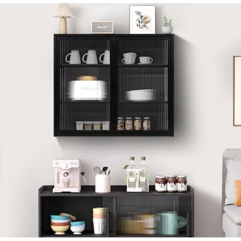 Armoire murale à deux portes en verre noir 70 cm avec trois étagères pour salle de bain et salon