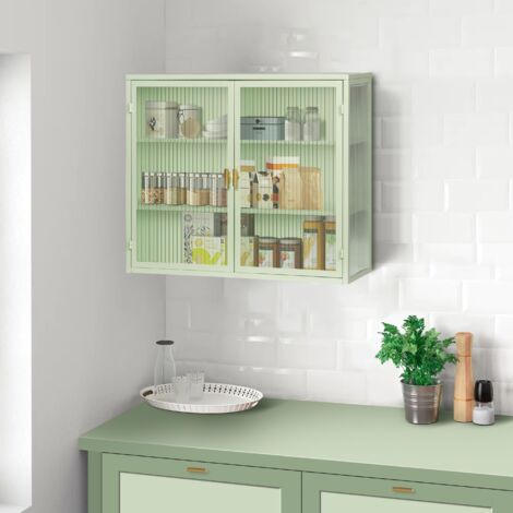 Armoire murale à deux portes en verre vert 70 cm avec trois étagères pour salon et entrée
