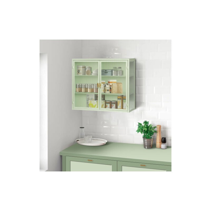 Wishdor - Armoire murale à double porte vitrée avec 3 niveaux de rangement, cadre en métal, pour salon, salle de bain, salle à manger, vert