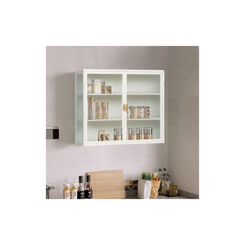Wishdor - Armoire murale à double porte vitrée avec 3 niveaux de rangement, cadre en métal, pour salon, salle de bain, salle à manger, blanc antique