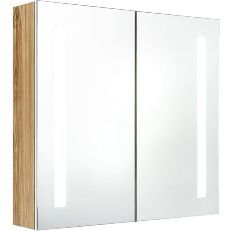 Armoire murale à miroir de salle de bain  Armoire Toilette Moderne avec miroir LED Blanc et chêne 62x14x60cm -42840