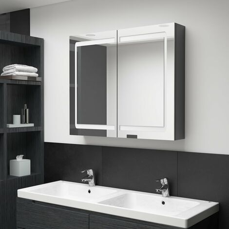 Armoire murale à miroir de salle de bain  Armoire Toilette Moderne avec miroir LED Gris brillant 80x12x68 cm -16004