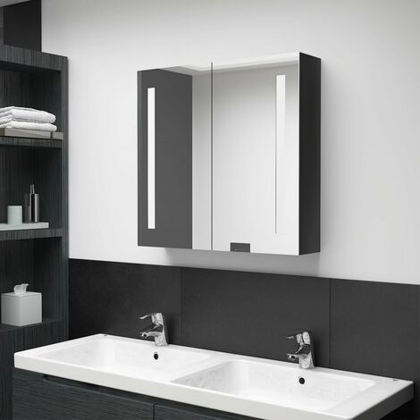 Armoire murale à miroir de salle de bain  Armoire Toilette Moderne avec miroir LED noir brillant 62x14x60 cm -97196
