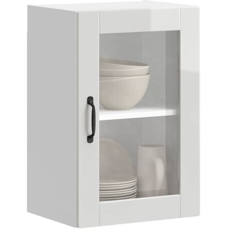 Armoire murale cuisine avec porte en verre-Meuble de cuisine-Armoire de rangement Porto blanc brillant 331651