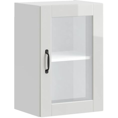 Armoire murale cuisine  Meuble de cuisine avec porte en verre Porto blanc brillant