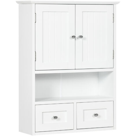 Armoire murale de salle de bain - 2 portes, 2 tiroirs, niche - MDF blanc