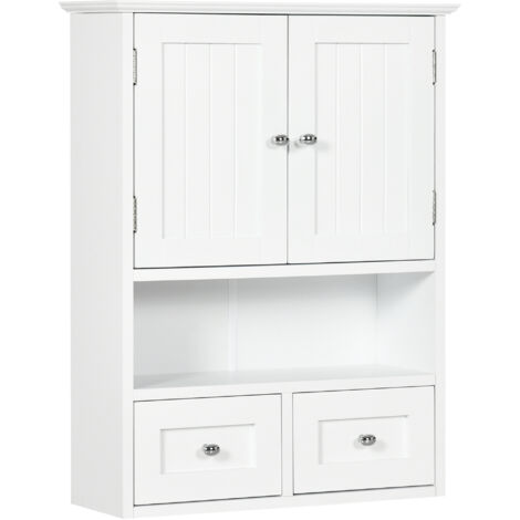 Armoire murale de salle de bain - 2 portes, 2 tiroirs, niche - MDF blanc
