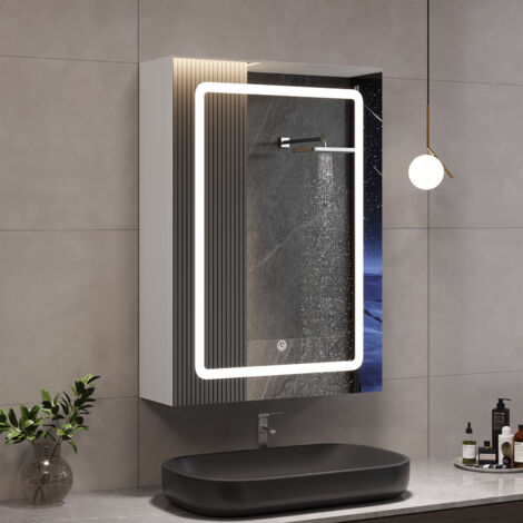 Armoire murale de salle de bain 50x16x70 cm – 1 porte – Éclairage LED réglable – Étagère cachée avec 3 hauteurs – Montage mural