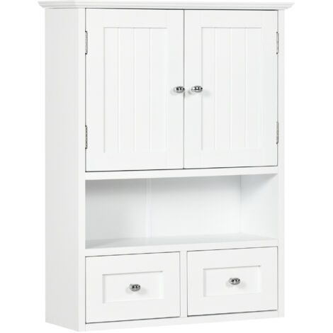 Armoire murale de salle de bain à 2 portes avec étagère ouverte et 2 tiroirs, placard polyvalent pour la cuisine, le couloir et le salon, blanc