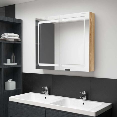 Armoire murale de salle de bain à miroir à LED Contemporain - Placard de Rangement - Chêne 80x12x68 cm Chic-489670