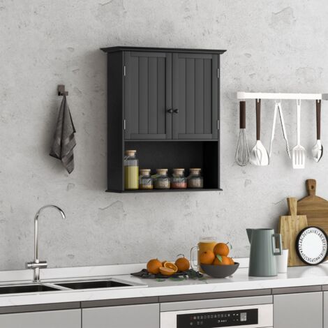 Armoire Murale de Salle de Bain Armoire à Pharmacie 2 Portes 3 Etagères Capacité 30kg en Mdf 60x20x70,5cm Noir