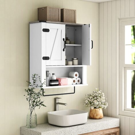 Armoire Murale de Salle de Bain avec Barre à Serviettes Armoire à Pharmacie avec Étagère Ajustable Organisateur de Rangement Blanc