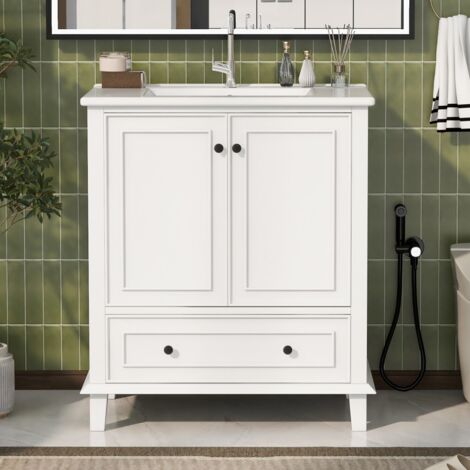 Armoire murale de salle de bain avec lavabo céramique-plan bois massif-peinture hydrofuge-grand rangement-76x46x87cm-Sans Robinets