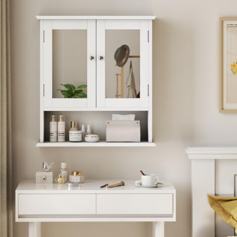 Armoire murale de salle de bain, avec miroir, 2 portes et étagères réglables, 50 x 20 x 60 cm, design moderne, blanc