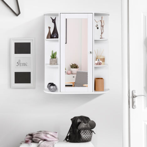 Armoire Murale de Salle de Bain avec Miroir 6 Étagères Ouvertes et 2 Compartiments Internes 60 x 16,5 x 67,5 cm Blanc DESIGN IN