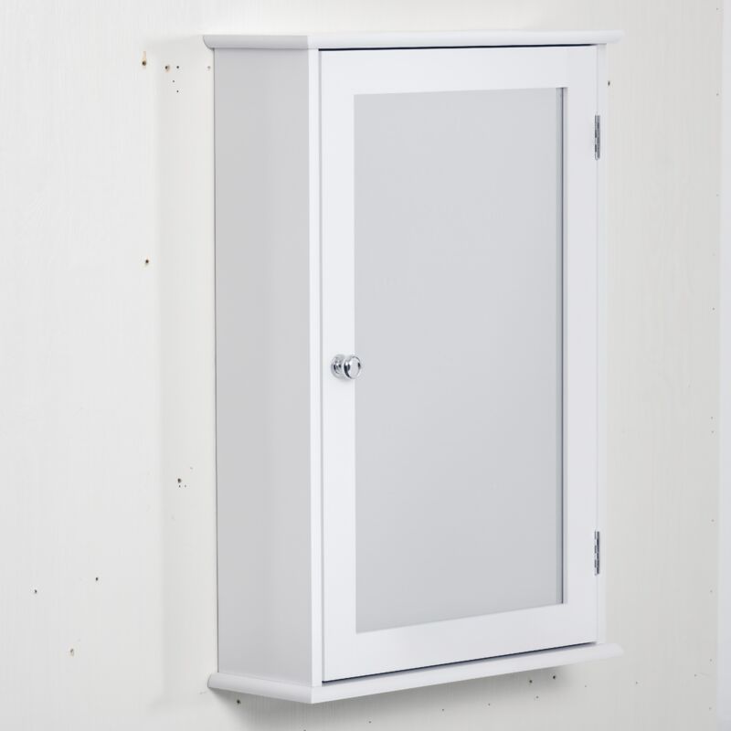 Armoire murale de salle de bain avec miroir - armoire à glace - placard de rangement toilettes - 1 porte, 2 étagères - verre MDF blanc